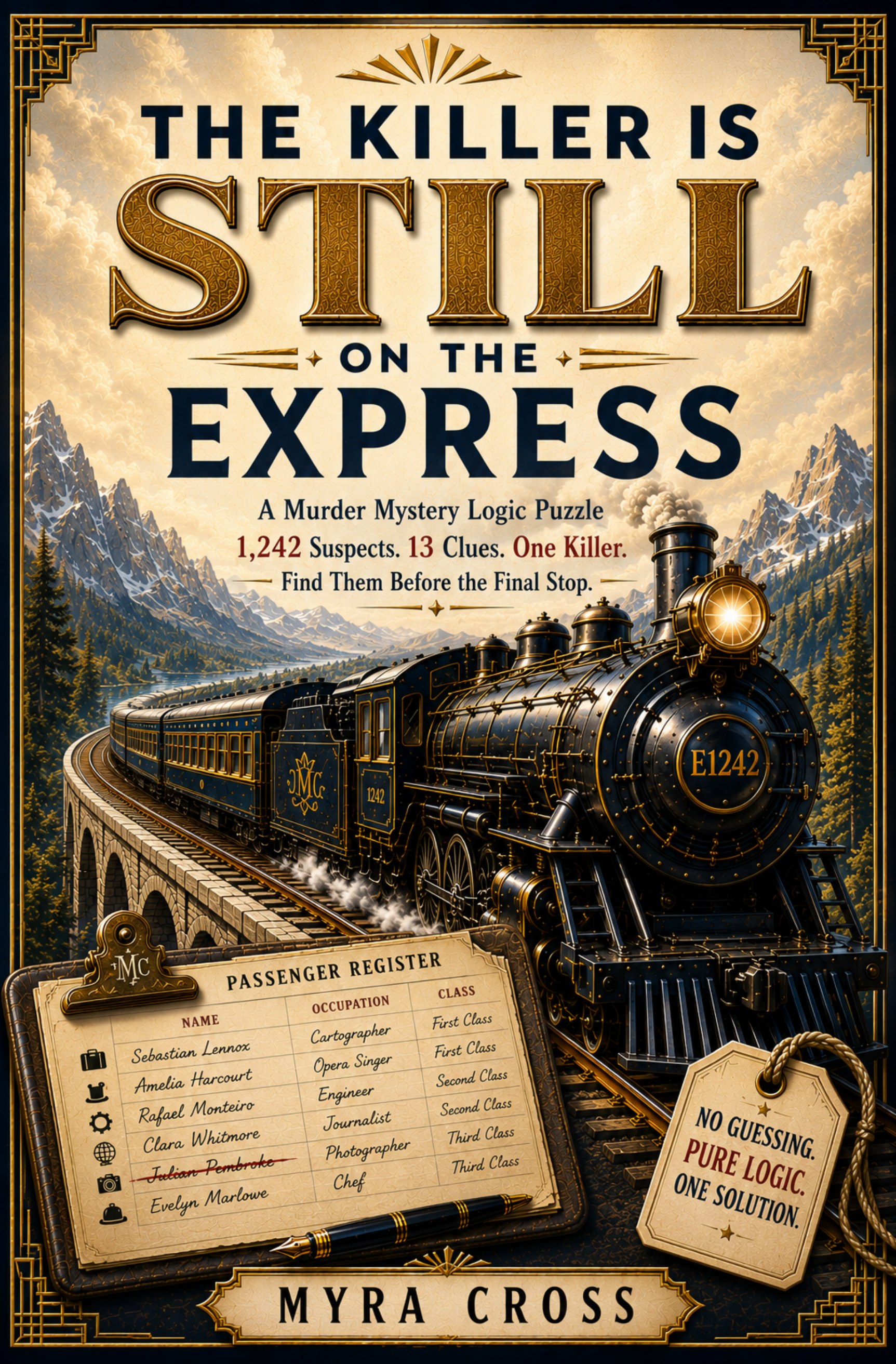 The Killer Is Still On The Express — A Murder Mystery Logic Puzzle by Myra Cross, Art Deco 1930s train cover